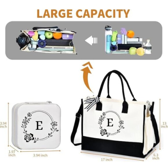 Personalized Embroidery Initial Letter "E" Canvas Tote Bag & FREE Jewelry Box - Picture 2 of 5